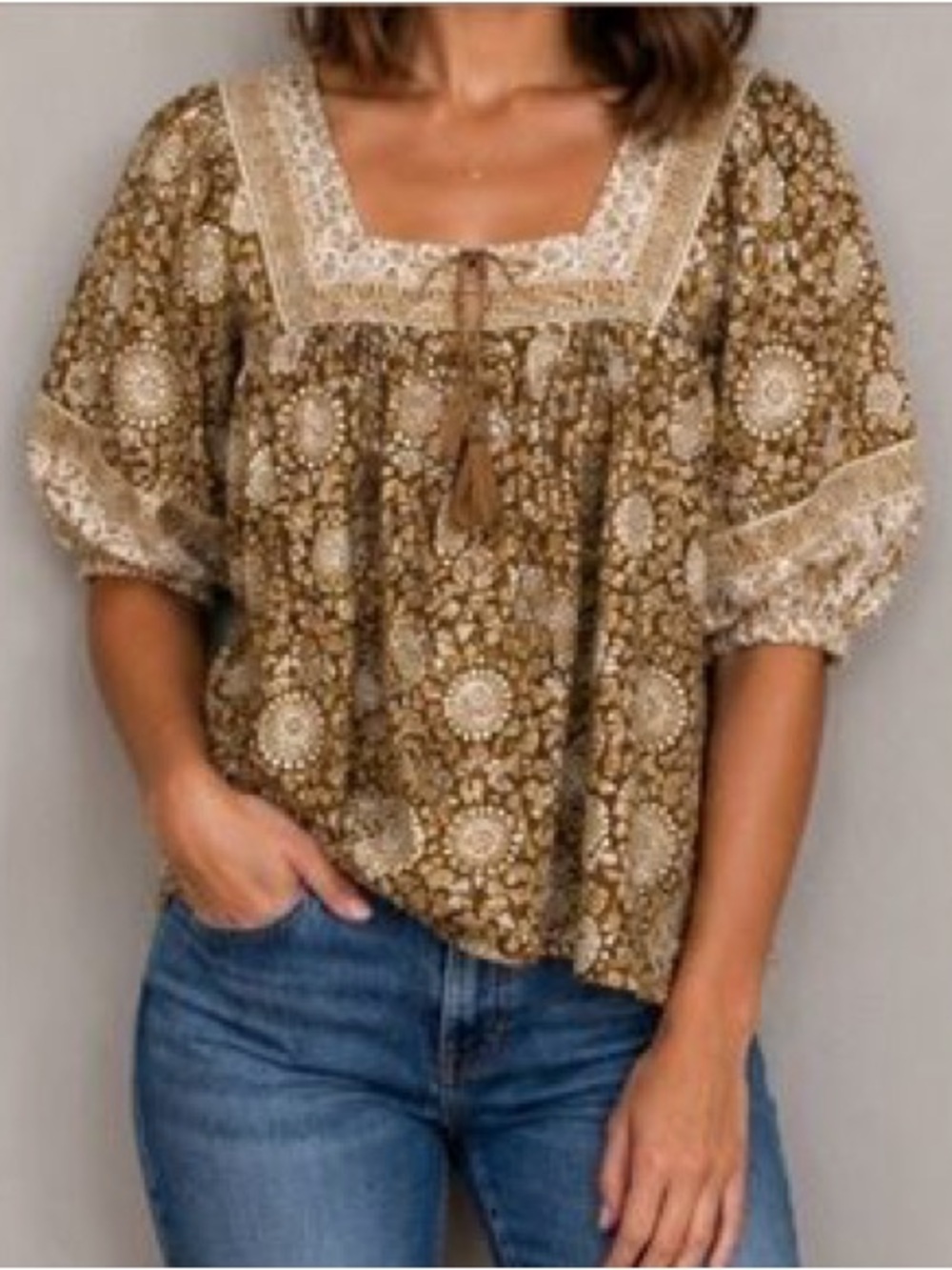 Boho Floral Peasant Blouse XL Mustard Brown Puff Sleeve Paisley fall Old Navy